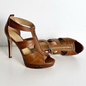 Michael Kors Berkeley T-Strap zipper platform heels tan leather size 7.5